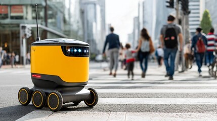 Autonomous delivery robot navigating a city street.