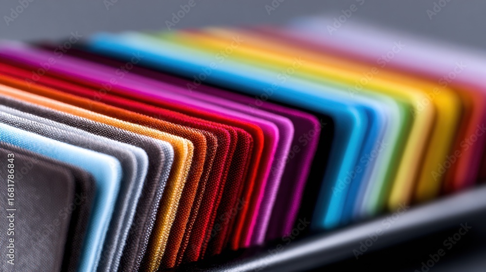 Poster medium shot of synthetic fabric swatch book showcasing vibrant colors and smooth surfaces in sharp d