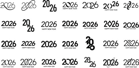 2026 Happy New Year typography set – modern minimalist vector text designs for greeting cards, posters, and festive branding