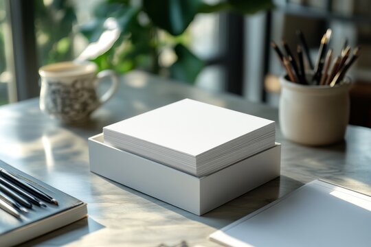 Stack of blank business cards mockup on modern office desk with pencils, notebook and coffee cup, clean paper template for branding, corporate identity, professional marketing presentation