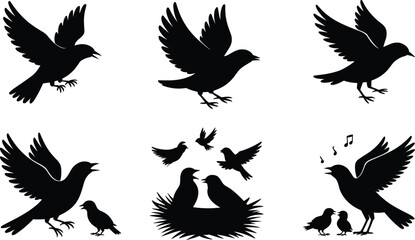 Bird silhouette vector set with flying birds, nest, chicks, and singing poses, black animal design for nature, wildlife, and decoration