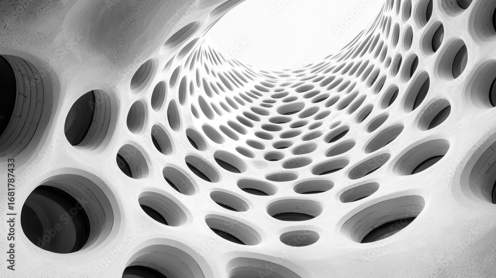 Poster abstract grayscale image of a modern building's perforated facade, creating a tunnel-like perspectiv