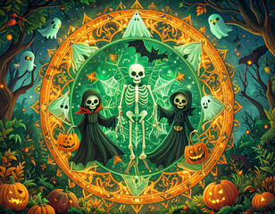 Playful Halloween Mandala with Skeletons and Ghosts