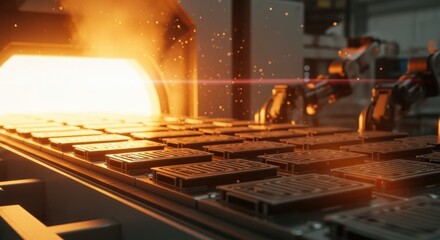 Solidoxide fuel cell interconnects arranged methodically on trays entering an industrial coating furnace for layer deposition.