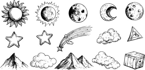 Celestial and nature doodles set - sun, moon, stars, clouds, mountains, comet icons for design