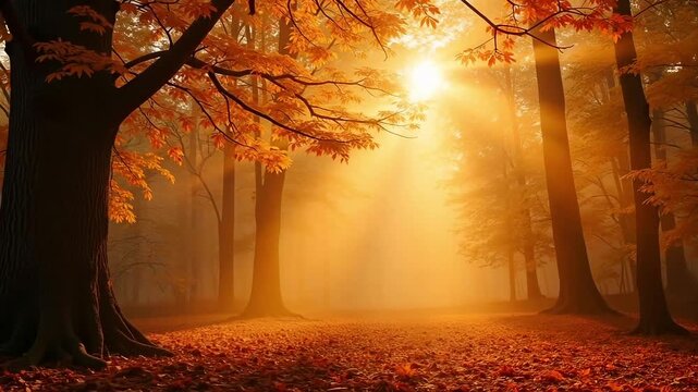 Golden sunlight streams through misty autumn forest with fallen leaves
