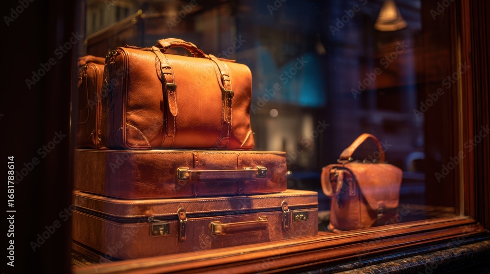Poster medium shot of a finely crafted leather luggage set displayed behind a front window with warm lighti