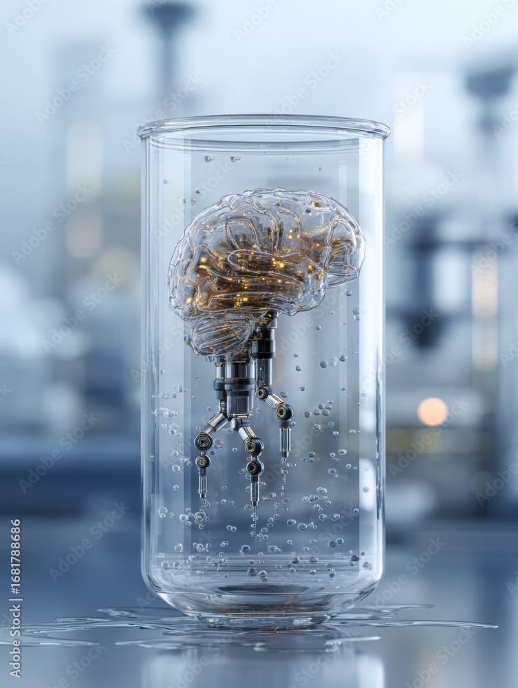 Poster artificial intelligence representation in a glass container with bubbles, showcasing advanced techno
