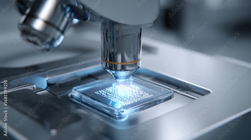 Poster microscope focusing on a slide with intricate patterns in a modern laboratory setting during a resea