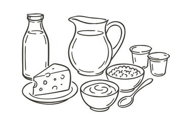 Dairy products set sketch outline thick contour vector illustration