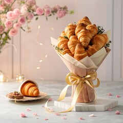 Elegant Croissant Bouquet with Pink Roses and Golden Ribbon - Luxury French Pastry Gift for Valentine's Day Mother's Day - Artisan Bakery Present