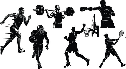 Silhouette sports vector set with running athlete, weightlifter, boxer, football player, basketball player, and tennis player in action.