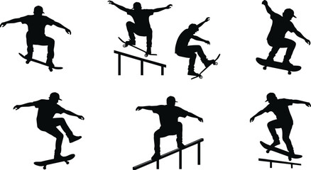Silhouette vector illustration of skateboarders performing tricks and stunts on rails and in mid-air, ideal for urban sports design.