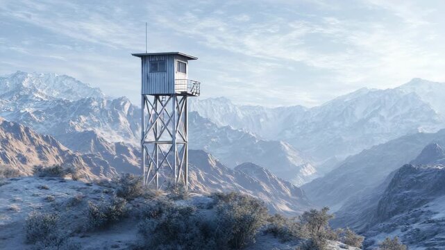Snow-covered watchtower on mountain landscape during winter, representing off-grid, independent, eco-living concept  