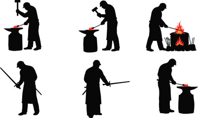 Silhouettes of blacksmiths forging metal and swords with anvils, hammers, and fire – traditional craftsmanship vector illustration