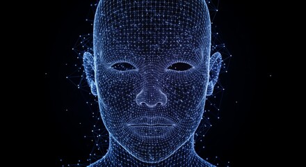 Digital Human Head, Wireframe Mesh, Blue Glow, Dark Background
