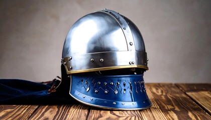 Medieval Knight Helmet on Wooden Table.
