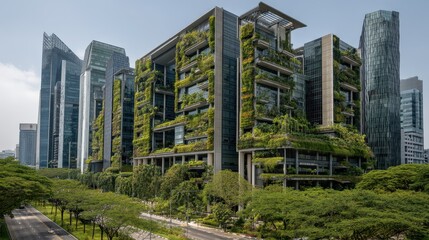 Fototapeta premium Sustainability in urban design: green skyscrapers with vertical gardens