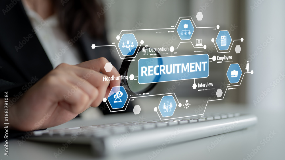 Poster a professional engages with a virtual recruitment interface, illustrating the process of hiring thro