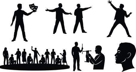 Vector silhouettes of theater actors performing drama scenes on stage, acting in play rehearsals, and holding theatrical props or masks.