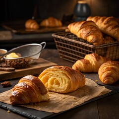 Fresh Artisan Croissants and Homemade Bakery Breads in Rustic Kitchen Setting - Golden Pastries with Flaky Layers on Wooden Board - Gourmet French Breakfast Food