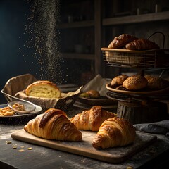 Fresh Artisan Croissants and Homemade Bakery Breads in Rustic Kitchen Setting - Golden Pastries with Flaky Layers on Wooden Board - Gourmet French Breakfast Food