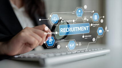 A professional engages with a virtual recruitment interface, illustrating the process of hiring through digital tools and strategic selection methods in a business environment. Tessel