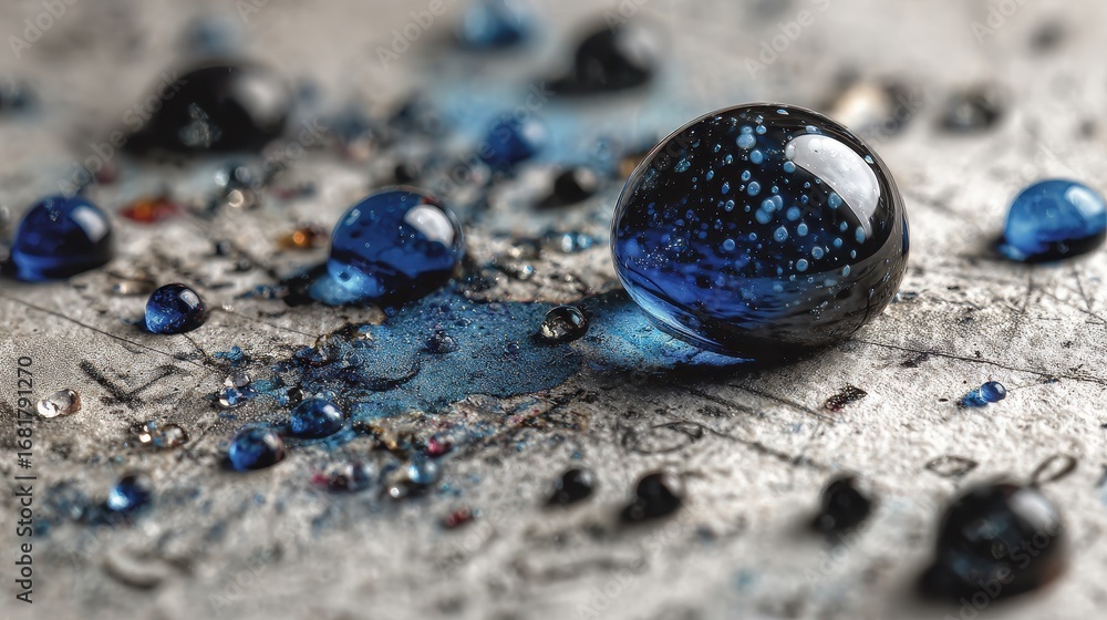 Poster glossy dark blue and gold fluid drips and puddles on textured grey surface casting shadows in macro 