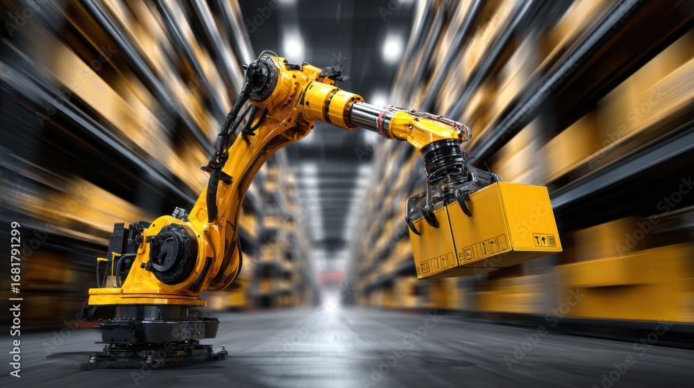 Poster focused medium shot of an automated robotic system retrieving boxes from high shelves emphasizing mo