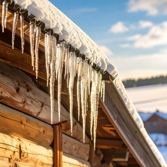 Icicles hang from a snowy wooden roof on a sunny winter day.