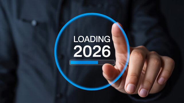 Futuristic Digital Loading Screen with Glowing Blue Circle, Finger Touch Interaction, and "LOADING 2026" Text on Dark Background - Powered by Adobe