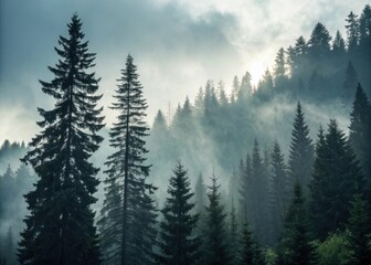 Misty mountain forest with tall evergreen trees and sunlight breaking through clouds
