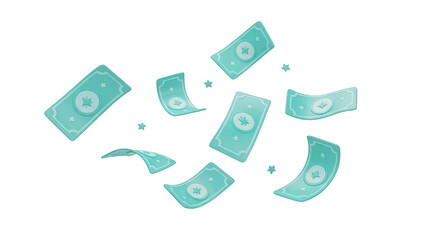 Falling teal banknotes isolated on transparent background