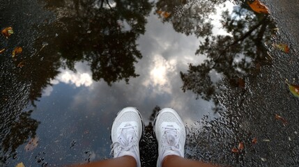 Feet in puddle, sky reflection