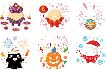 Cute festive characters, holiday celebrations, Diwali, Chinese New Year, Easter bunny, Halloween ghost, Halloween pumpkin, Christmas Santa, seasonal icons, cartoon illustrations