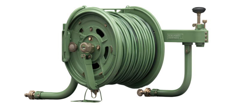 Green hose reel with large, circular spool