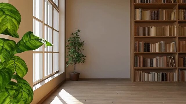 Sunlight gradually illuminating empty room with bookshelf and plants