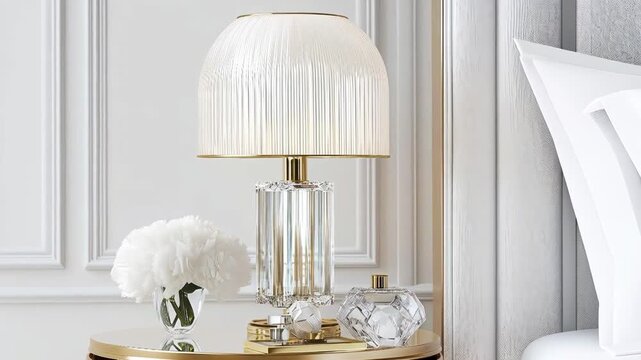 Luxurious hotel bedroom interior design featuring a crystal table lamp, white flowers, and perfume bottles on a golden nightstand