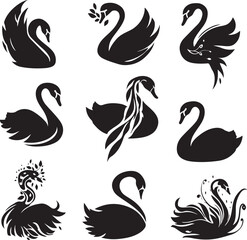 Flamingo silhouette. Set of black flamingo bird vector silhouettes in various standing, flying, and curved neck poses for tropical wildlife themes