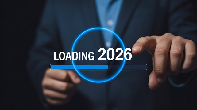Futuristic Digital Loading Screen with Glowing Blue Circle, Finger Touch Interaction, and "LOADING 2026" Text on Dark Background