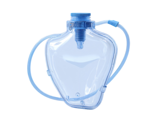 Clear, light-blue, heart-shaped medical container with tubes
