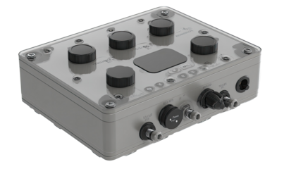 Gray, rectangular device with controls.  Clear plastic enclosure.  Multiple knobs, ports, and a display