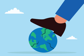 Vector illustration of a giant business foot crushing the globe symbolizing corporate dominance, economic power, global influence, and business control
