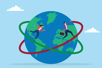 Vector illustration of business people running around the globe with circular orbit, symbolizing global business, international growth, worldwide connection, and teamwork
