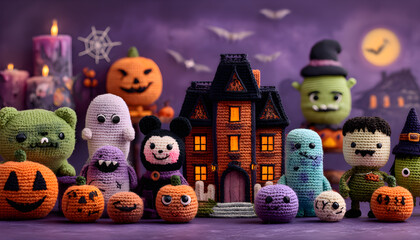 Colorful, knitted Halloween dolls with spooky backdrop shows intricate craftwork perfect for holiday-themed social media posts and product promotion.