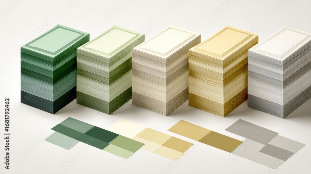 Poster stacks of paper samples showcasing various colors and shades arranged artistically for color selecti