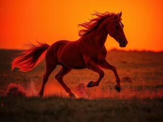 A vibrant red horse gallops across a field at sunset. The sky is filled with warm orange hues, symbolizing energy and vitality for the year 2026.