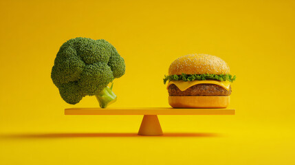 Creative food concept: broccoli tips a seesaw against a burger on a vibrant yellow background