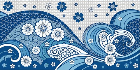 Blue Wave Floral Pattern Digital Illustration, Waves, Flowers, Blue and White, Zentangle, Japanese Style Zentangle, Japanese art