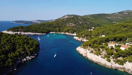 Obraz premium Picturesque Coastal Scenery with Turquoise Waters and Lush Greenery on a Sunny Day